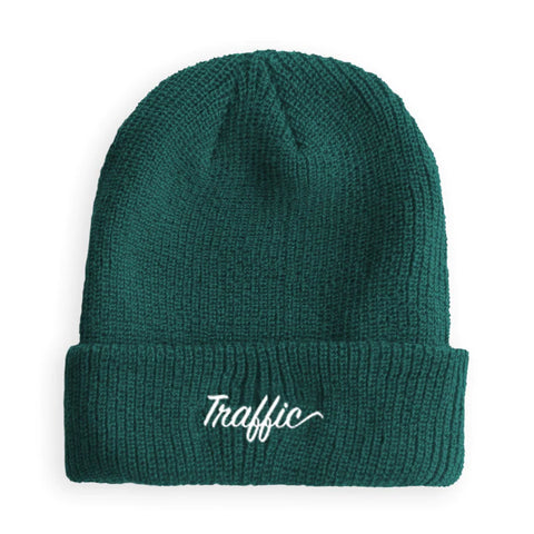 TRAFFIC SKATEBOARDS SCRIPT EMBROIDERED SPRUCE GREEN BEANIE